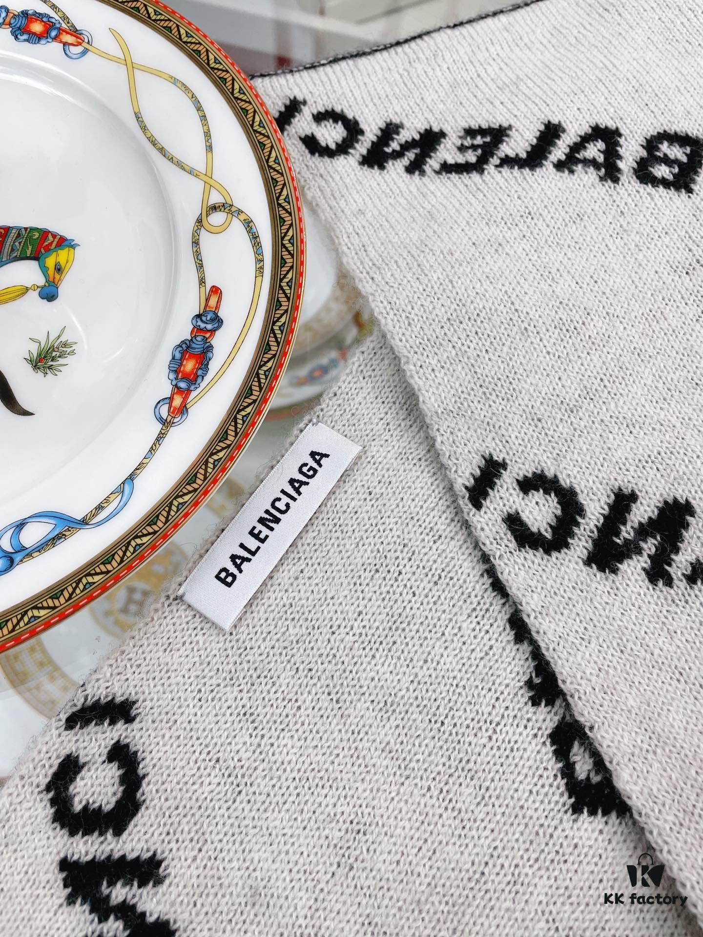 Authentic Balenciaga OEM Cashmere Knit Scarf, Black and White Reversible Double-Sided Jacquard Design, 185*38 cm