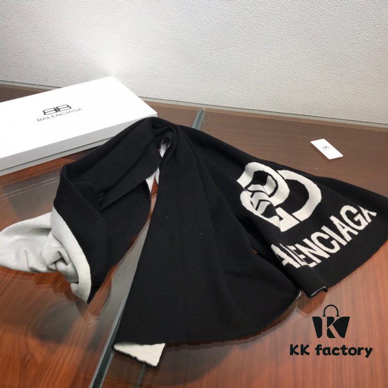 Balenciaga 100% Cashmere Scarf, 2020 Fall/Winter New Arrival, Black and White Color Block, Elegant Logo Jacquard, Soft and Skin-Friendly, Long Scarf 45*180cm, Solid Color (Retail Style)