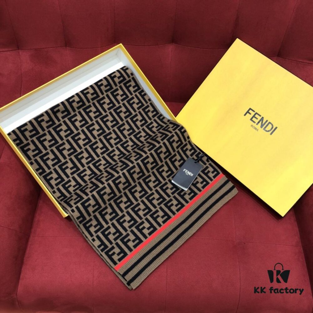 In-Stock Now - Fendi Latest Style FF Collection Small Logo Scarf with Orange Accent 66% Wool 29% Cashmere 190cm*35cm