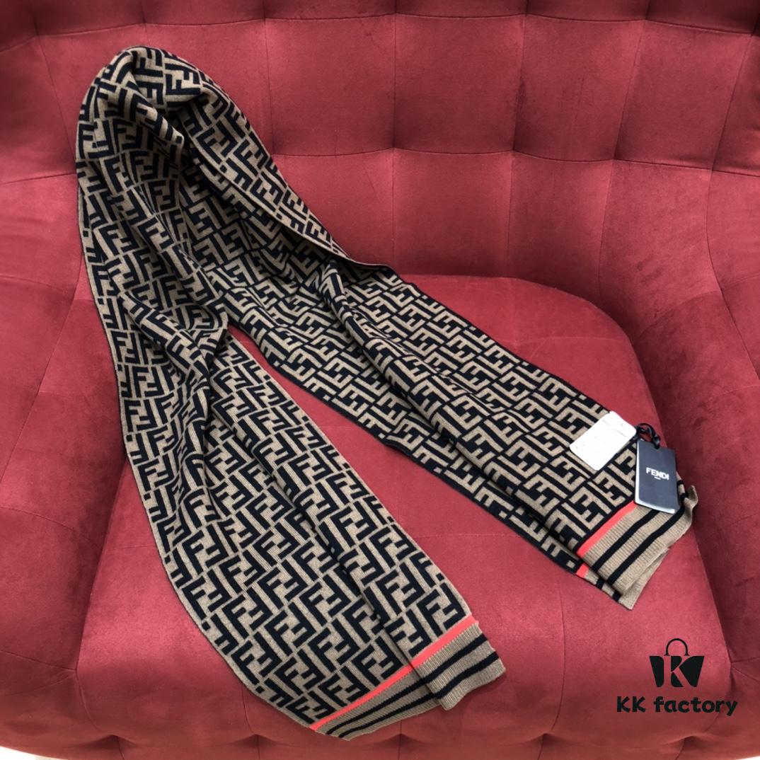 In-Stock Now - Fendi Latest Style FF Collection Small Logo Scarf with Orange Accent 66% Wool 29% Cashmere 190cm*35cm