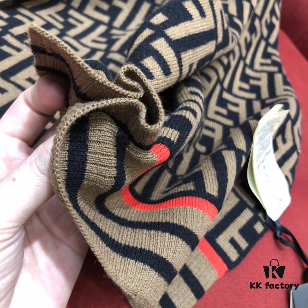 In-Stock Now - Fendi Latest Style FF Collection Small Logo Scarf with Orange Accent 66% Wool 29% Cashmere 190cm*35cm