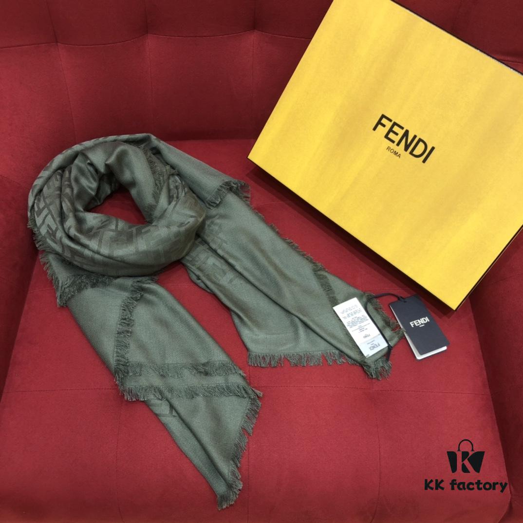In Stock FENDI Ultra Soft and Smooth Green Shawl/Scarf, Dual-Sided Wear, 140*140cm, 30% Silk 70% Wool, Embossed FF Pattern