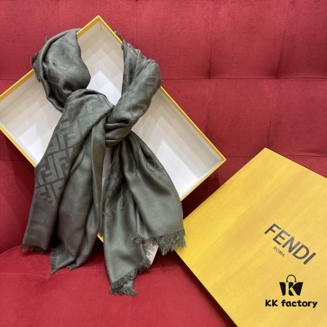 In Stock FENDI Ultra Soft and Smooth Green Shawl/Scarf, Dual-Sided Wear, 140*140cm, 30% Silk 70% Wool, Embossed FF Pattern