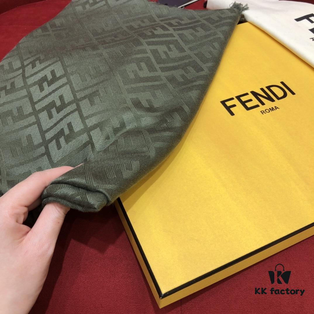In Stock FENDI Ultra Soft and Smooth Green Shawl/Scarf, Dual-Sided Wear, 140*140cm, 30% Silk 70% Wool, Embossed FF Pattern