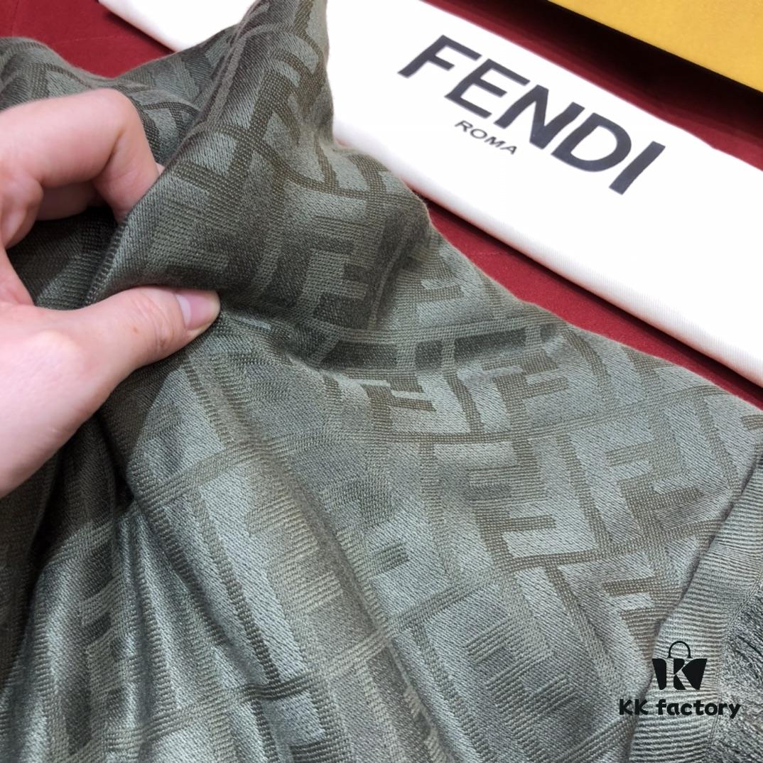 In Stock FENDI Ultra Soft and Smooth Green Shawl/Scarf, Dual-Sided Wear, 140*140cm, 30% Silk 70% Wool, Embossed FF Pattern