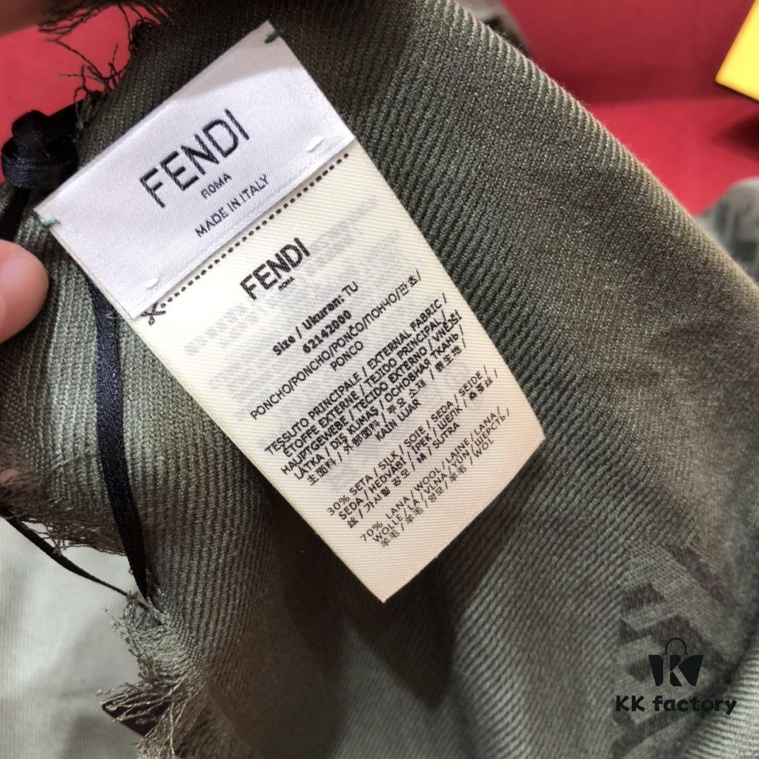 In Stock FENDI Ultra Soft and Smooth Green Shawl/Scarf, Dual-Sided Wear, 140*140cm, 30% Silk 70% Wool, Embossed FF Pattern