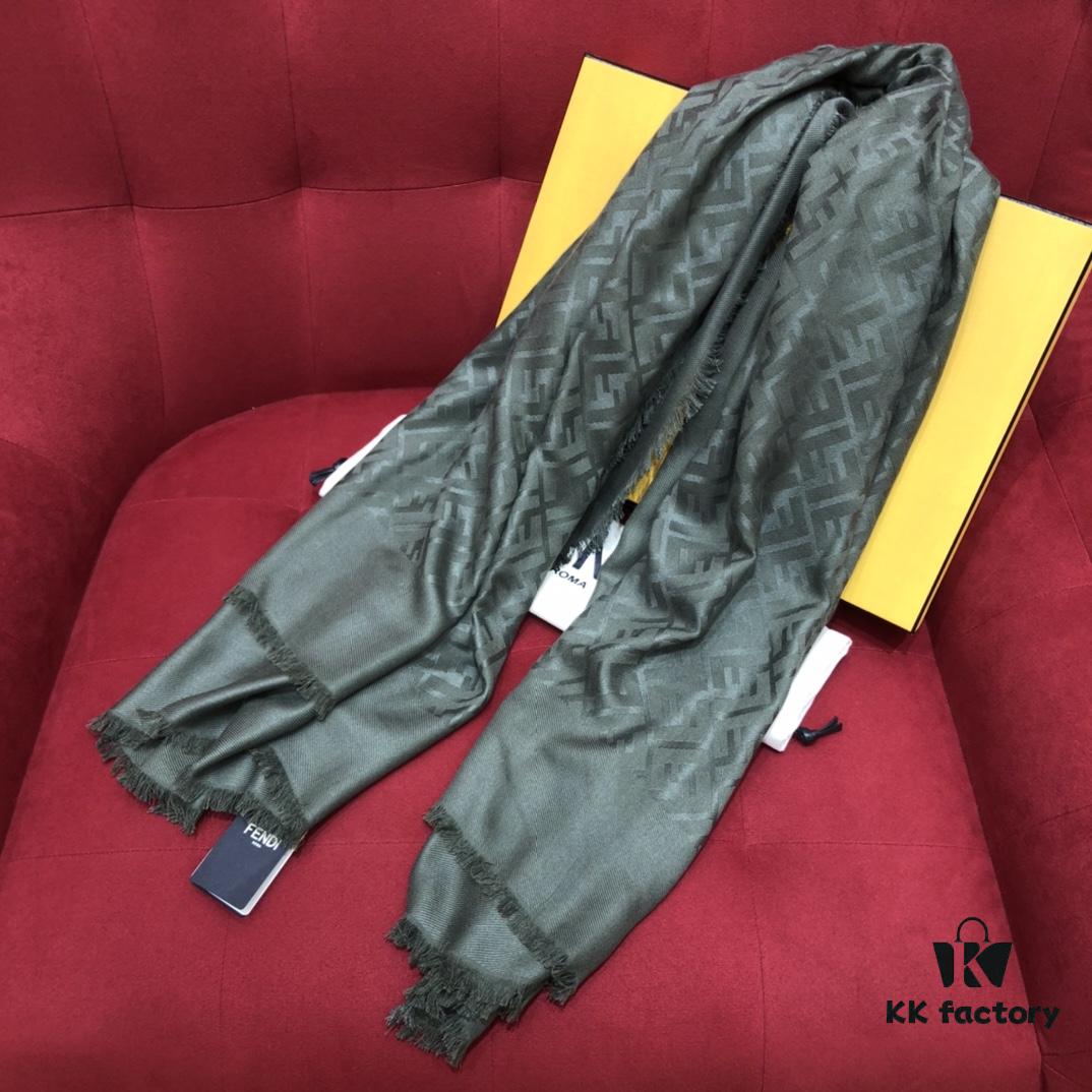 In Stock FENDI Ultra Soft and Smooth Green Shawl/Scarf, Dual-Sided Wear, 140*140cm, 30% Silk 70% Wool, Embossed FF Pattern