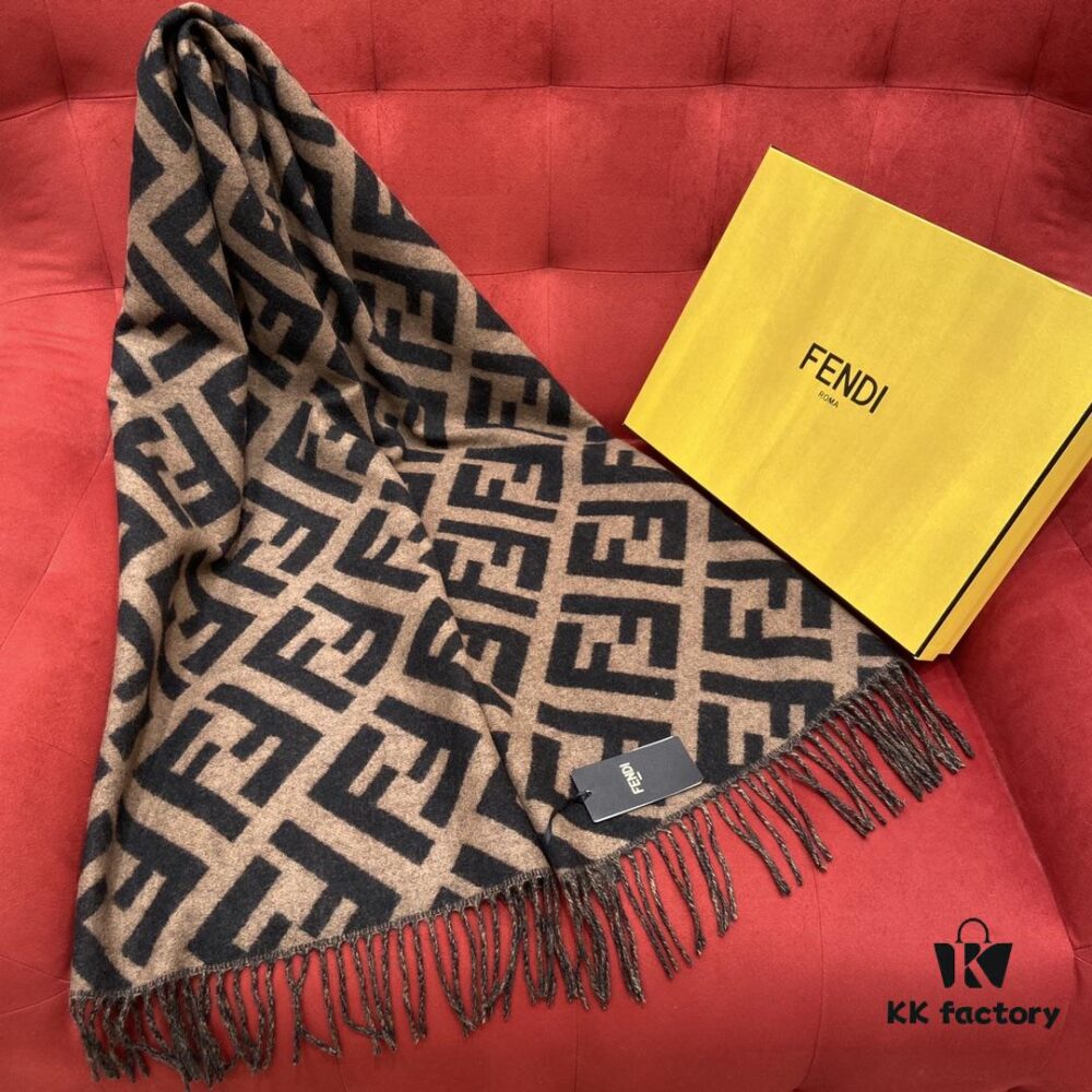 Fendi Large Fringe Logo Double-Sided Cashmere Scarf, FF Monogram in Perfect Autumn-Winter Hue