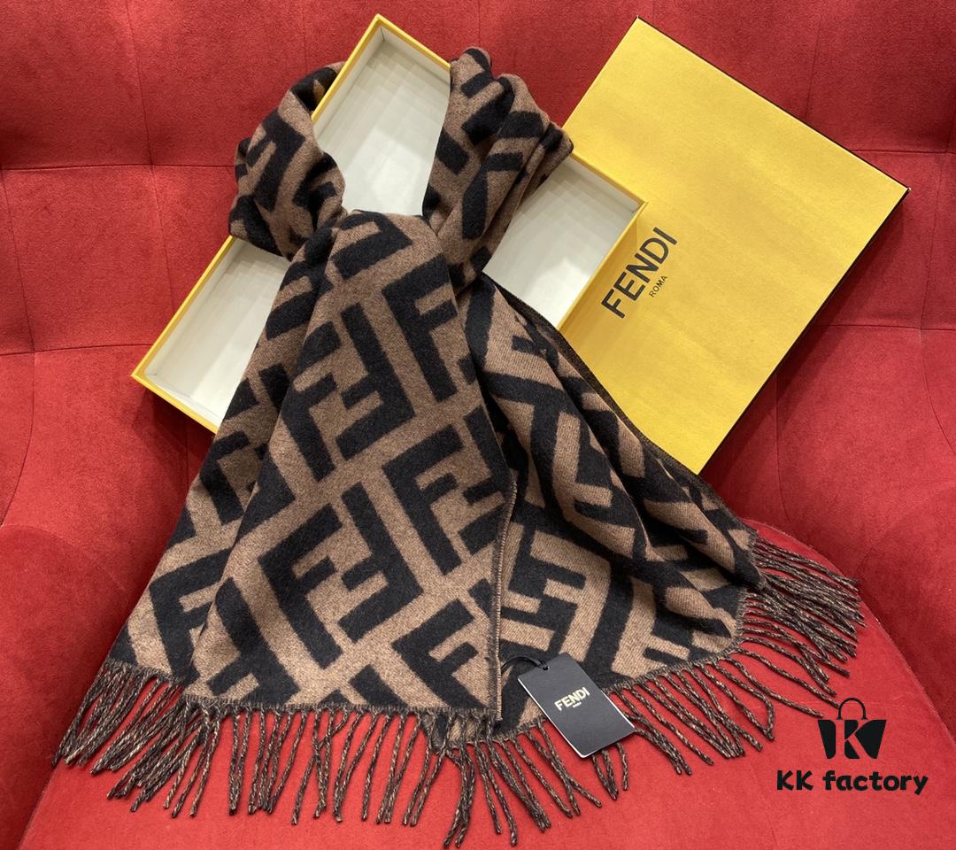 Fendi Large Fringe Logo Double-Sided Cashmere Scarf, FF Monogram in Perfect Autumn-Winter Hue