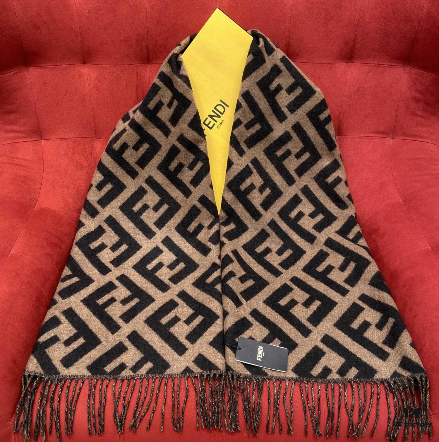 Fendi Large Fringe Logo Double-Sided Cashmere Scarf, FF Monogram in Perfect Autumn-Winter Hue