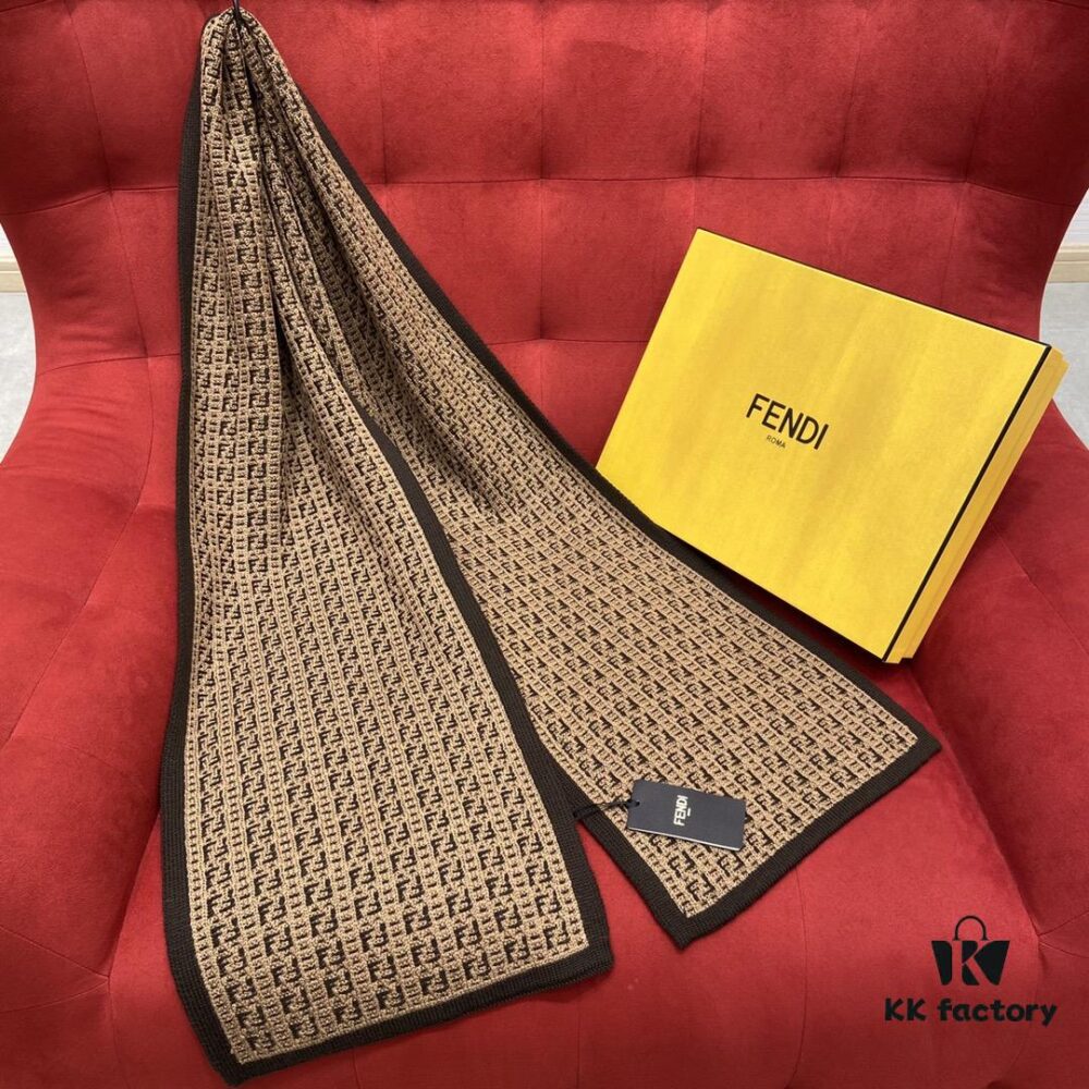 Brown FENDI Woven Wool Scarf 🧣 Timeless FF Monogram Pattern, Soft and Luxurious 100% Pure Wool Fabric, 30*180cm