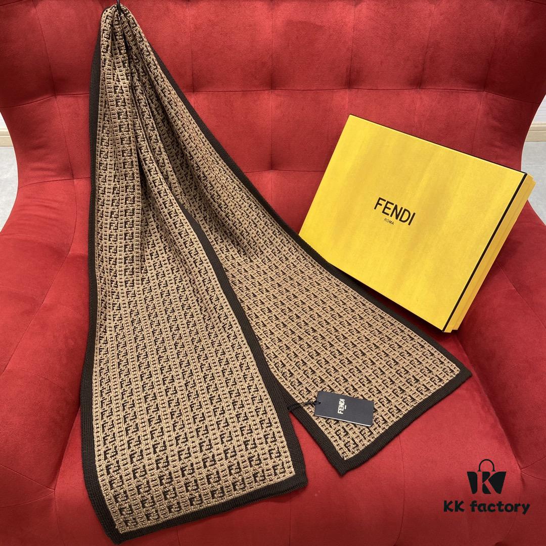 Brown FENDI Woven Wool Scarf 🧣 Timeless FF Monogram Pattern, Soft and Luxurious 100% Pure Wool Fabric, 30*180cm