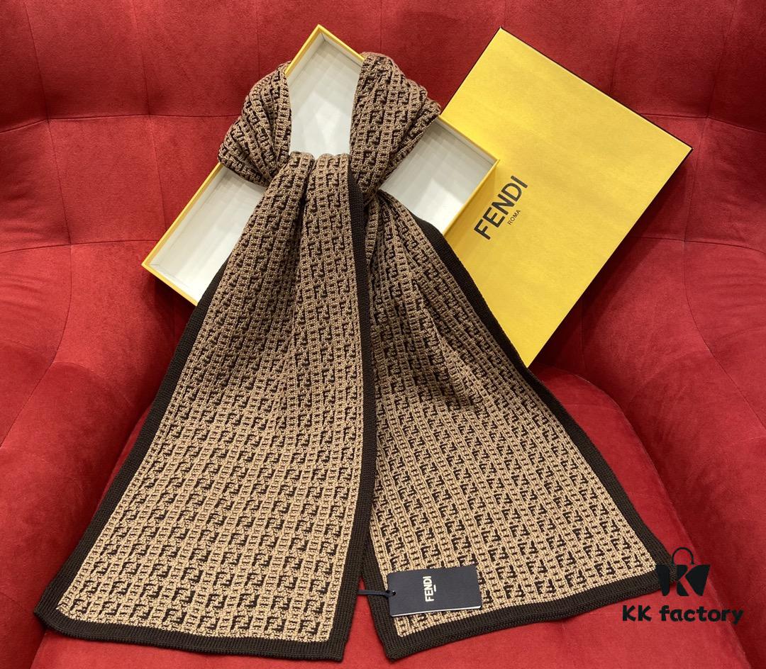 Brown FENDI Woven Wool Scarf 🧣 Timeless FF Monogram Pattern, Soft and Luxurious 100% Pure Wool Fabric, 30*180cm