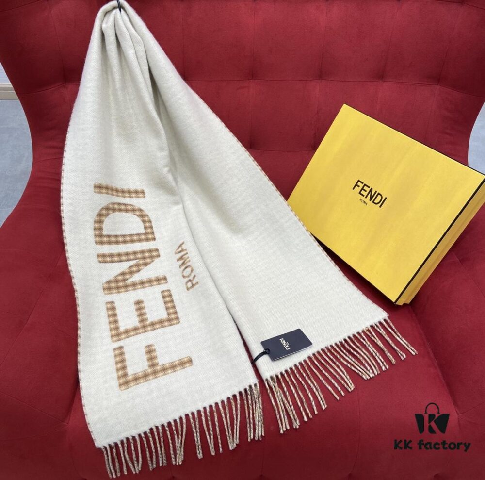 FENDI Autumn Winter New Checkered Double-Sided Fringe Scarf – Unisex Wear, Non-Irritating, Soft and Durable, 75% Wool 25% Cashmere, 30*180cm