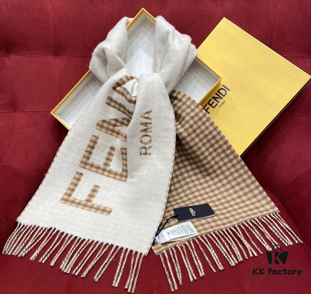 FENDI Autumn Winter New Checkered Double-Sided Fringe Scarf – Unisex Wear, Non-Irritating, Soft and Durable, 75% Wool 25% Cashmere, 30*180cm