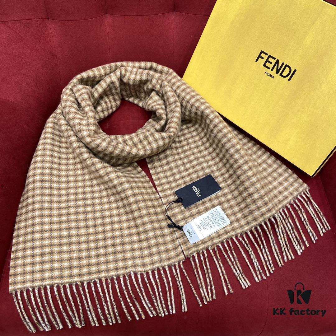 FENDI Autumn Winter New Checkered Double-Sided Fringe Scarf – Unisex Wear, Non-Irritating, Soft and Durable, 75% Wool 25% Cashmere, 30*180cm