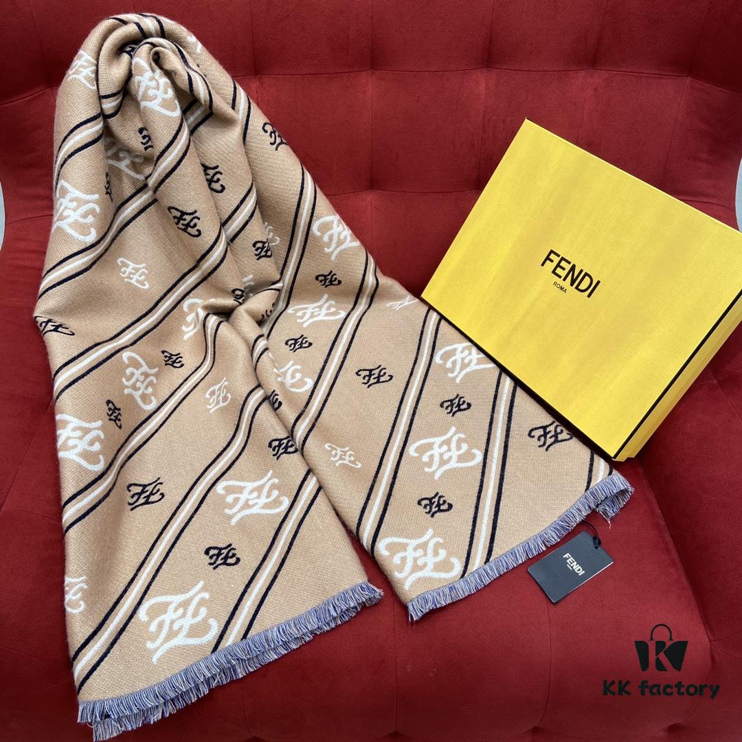 FENDI Double-Sided Novelty Monogram Scarf Shawl - Beige and Navy Blue, 100% Wool, Soft and Warm, 70*180cm