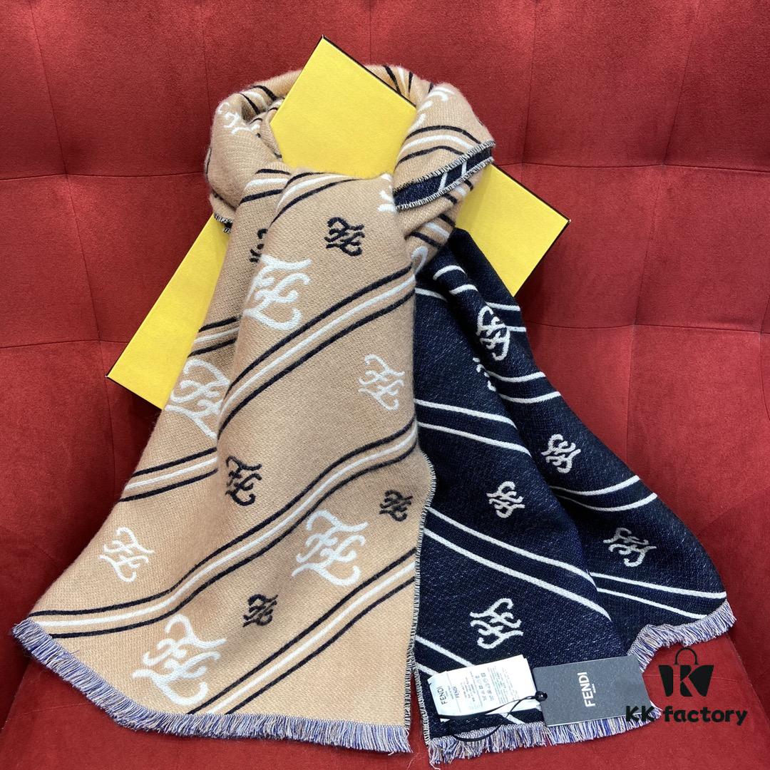 FENDI Double-Sided Novelty Monogram Scarf Shawl - Beige and Navy Blue, 100% Wool, Soft and Warm, 70*180cm