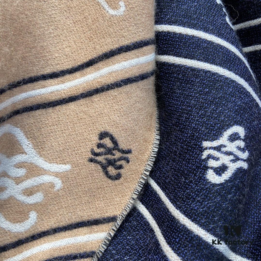 FENDI Double-Sided Novelty Monogram Scarf Shawl - Beige and Navy Blue, 100% Wool, Soft and Warm, 70*180cm