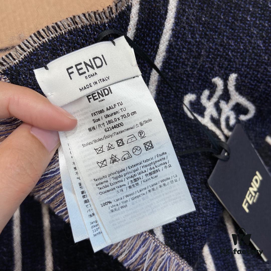 FENDI Double-Sided Novelty Monogram Scarf Shawl - Beige and Navy Blue, 100% Wool, Soft and Warm, 70*180cm