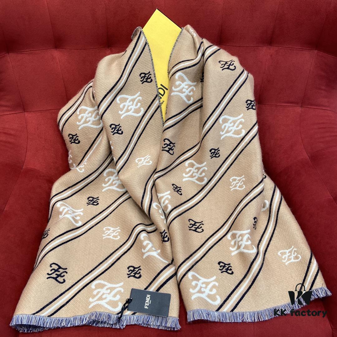 FENDI Double-Sided Novelty Monogram Scarf Shawl - Beige and Navy Blue, 100% Wool, Soft and Warm, 70*180cm