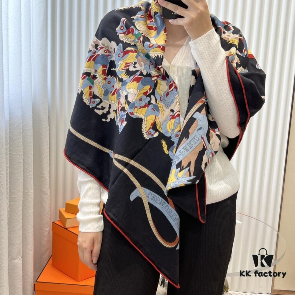 Hermès Classic Beautiful Silk-Wool Square Scarf 140, Hand-Rolled Edges, Premium Herringbone Cashmere Silk Blend