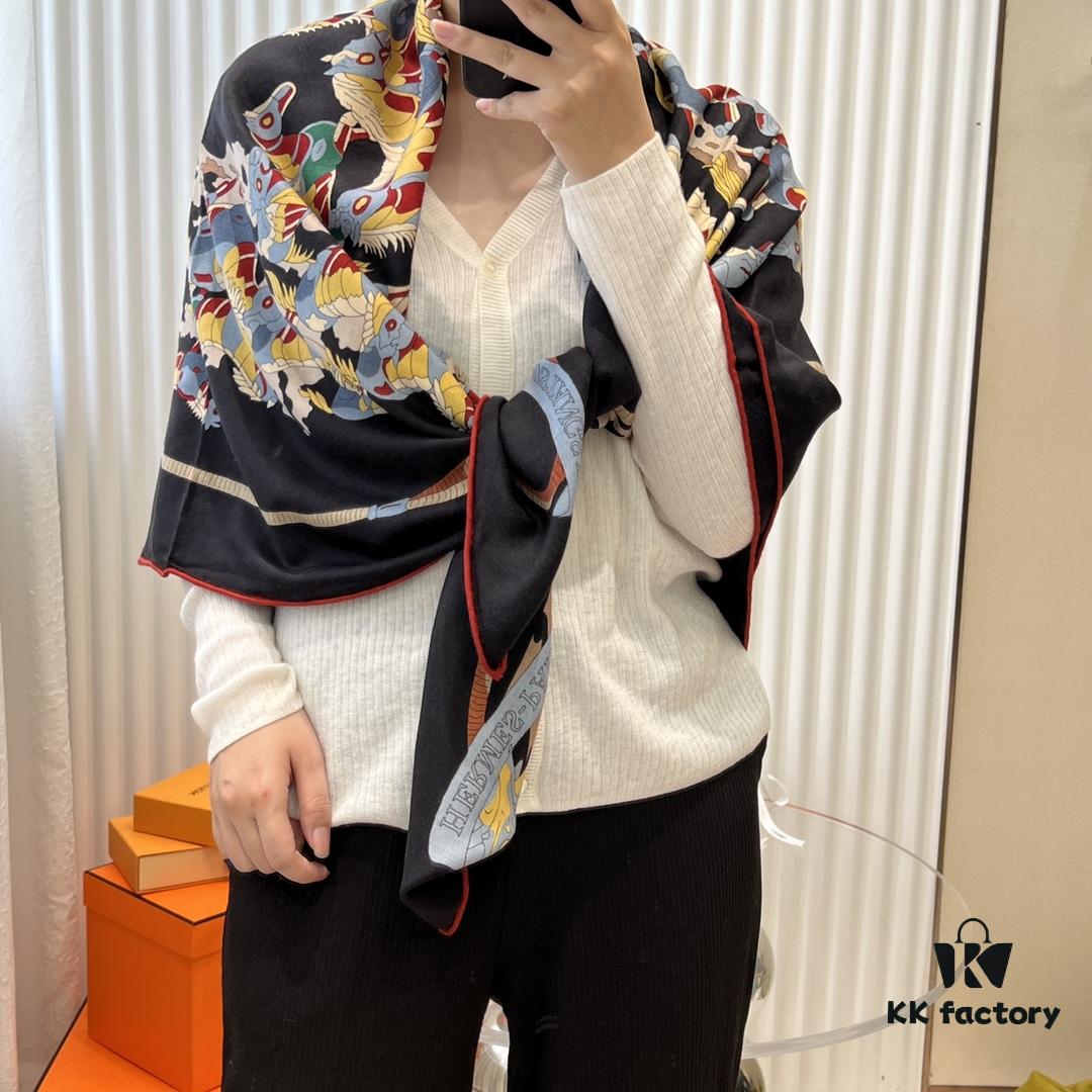 Hermès Classic Beautiful Silk-Wool Square Scarf 140, Hand-Rolled Edges, Premium Herringbone Cashmere Silk Blend