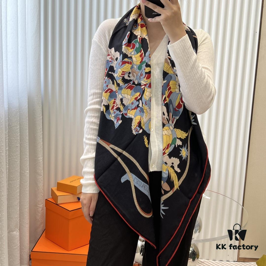 Hermès Classic Beautiful Silk-Wool Square Scarf 140, Hand-Rolled Edges, Premium Herringbone Cashmere Silk Blend