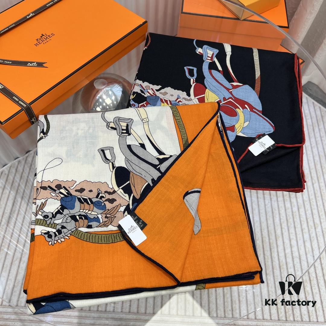 Hermès Classic Beautiful Silk-Wool Square Scarf 140, Hand-Rolled Edges, Premium Herringbone Cashmere Silk Blend