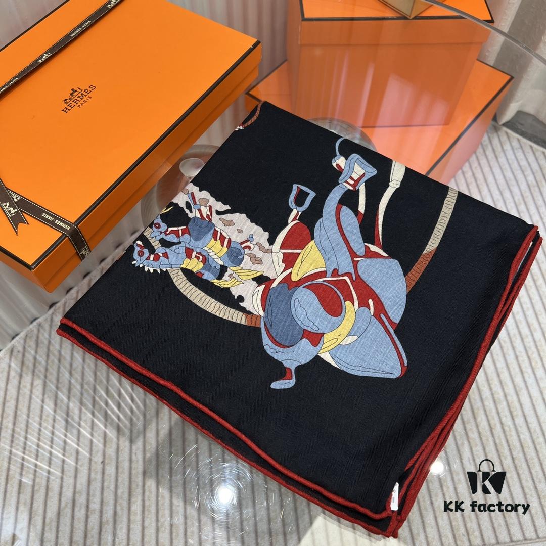 Hermès Classic Beautiful Silk-Wool Square Scarf 140, Hand-Rolled Edges, Premium Herringbone Cashmere Silk Blend