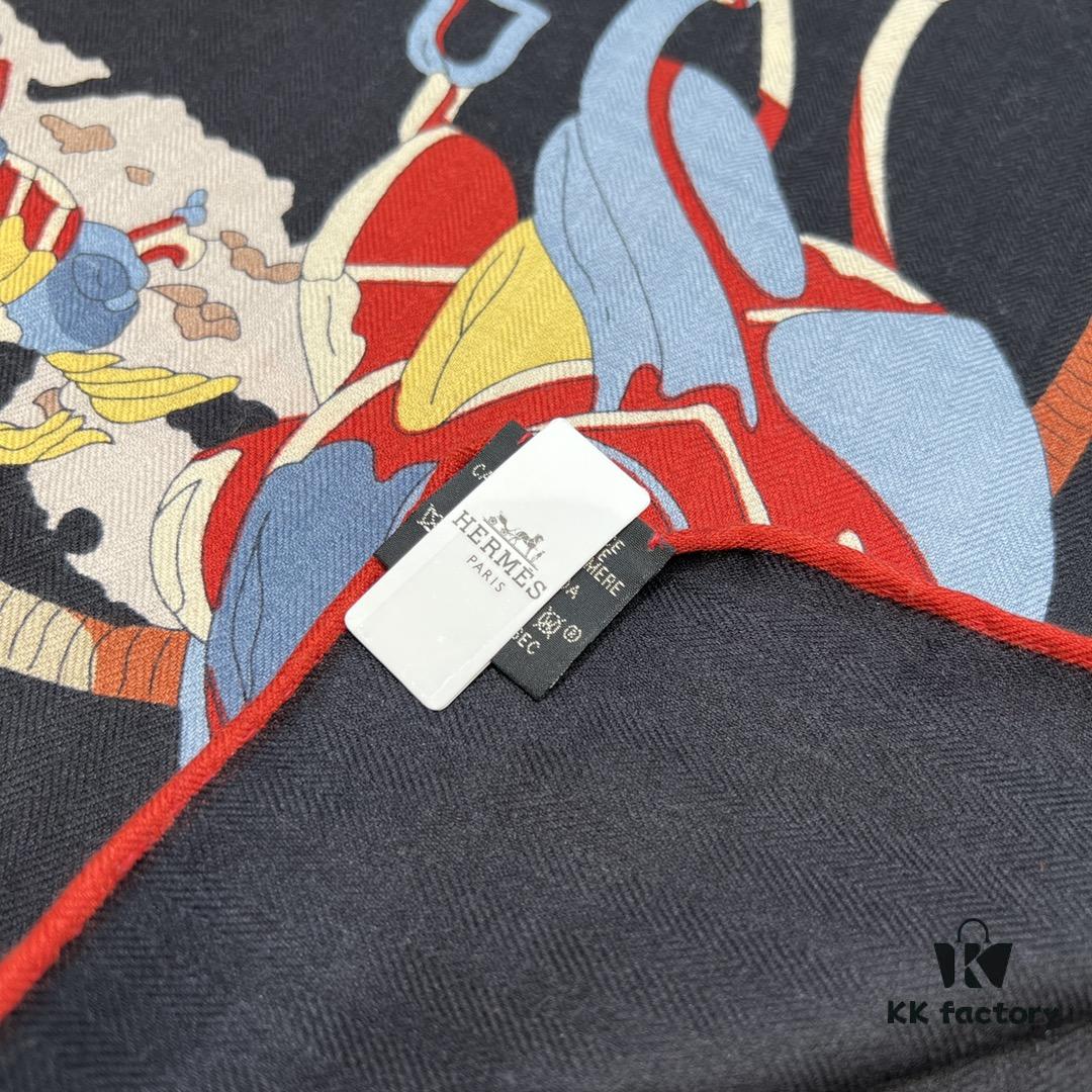 Hermès Classic Beautiful Silk-Wool Square Scarf 140, Hand-Rolled Edges, Premium Herringbone Cashmere Silk Blend