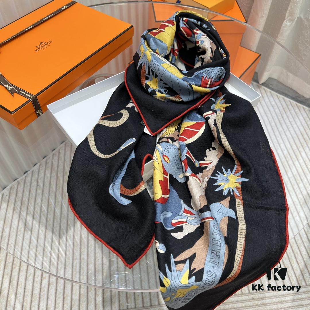 Hermès Classic Beautiful Silk-Wool Square Scarf 140, Hand-Rolled Edges, Premium Herringbone Cashmere Silk Blend