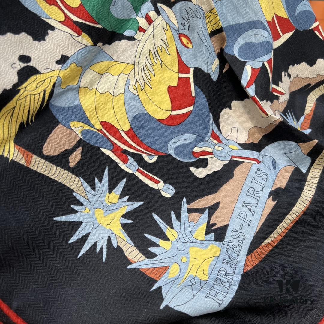 Hermès Classic Beautiful Silk-Wool Square Scarf 140, Hand-Rolled Edges, Premium Herringbone Cashmere Silk Blend