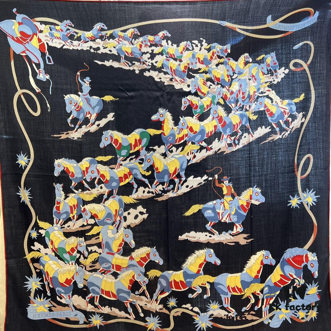 Hermès Classic Beautiful Silk-Wool Square Scarf 140, Hand-Rolled Edges, Premium Herringbone Cashmere Silk Blend