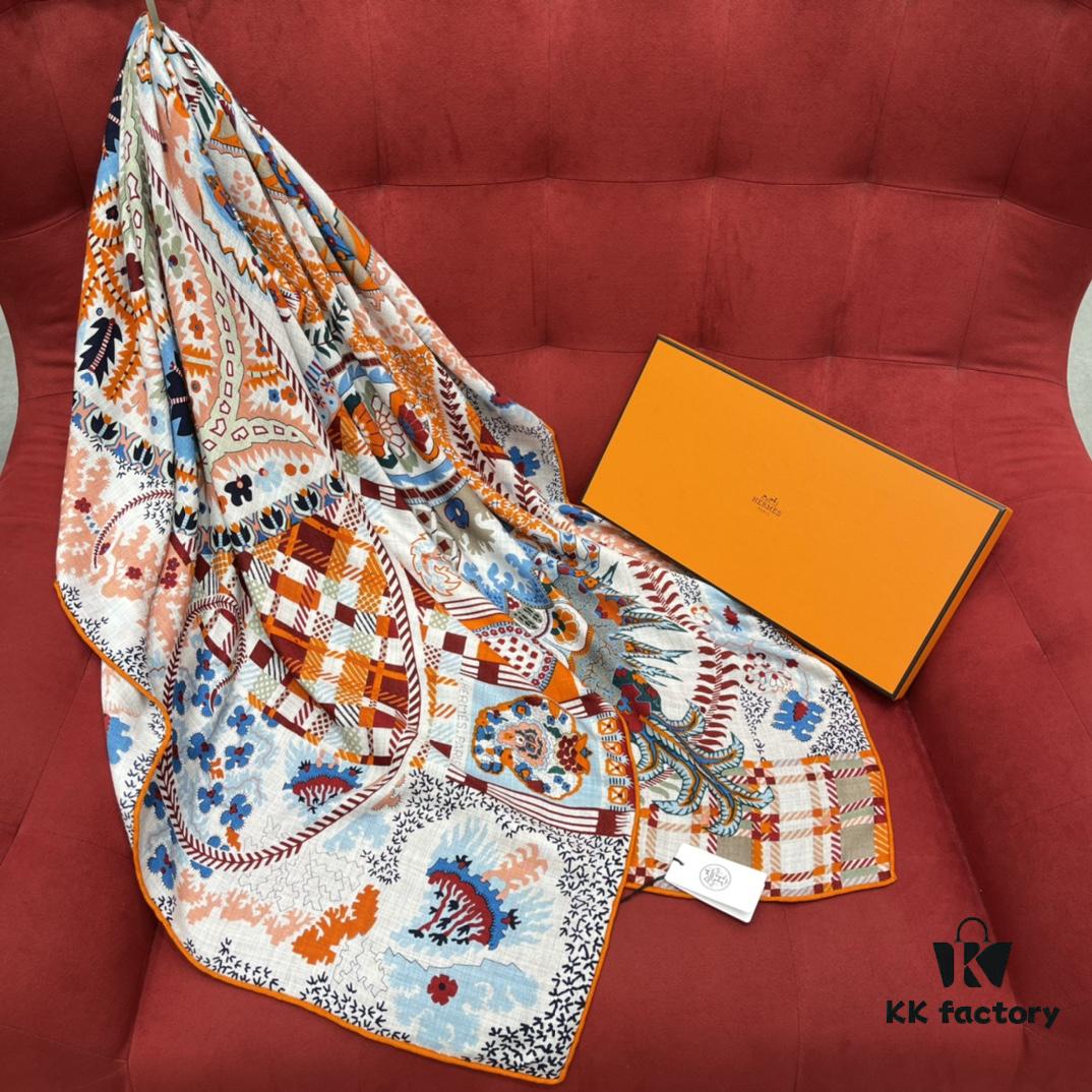 Hermes 100% Silk Cashmere Paisley Floral Scarf, 140x140cm