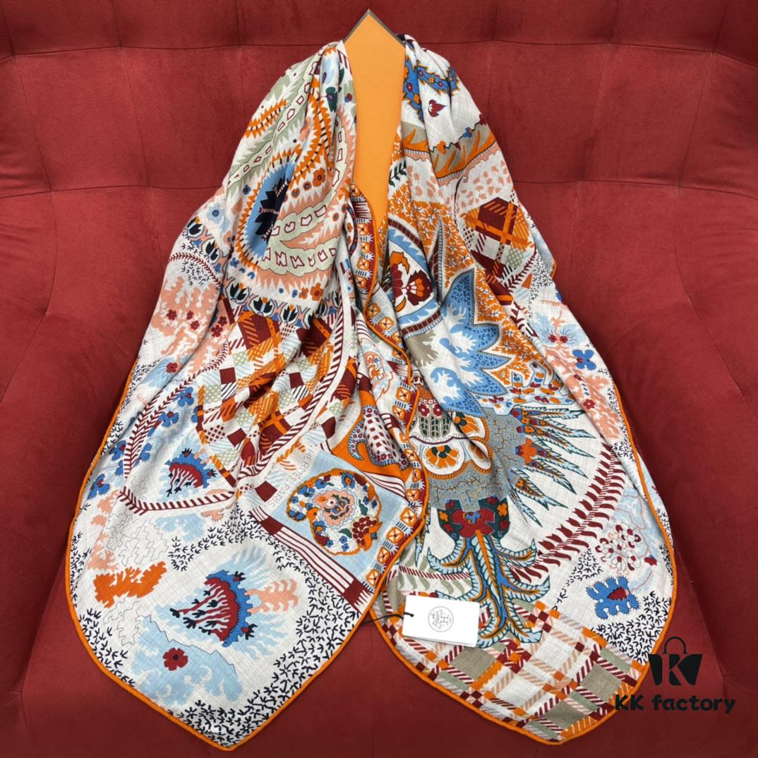 Hermes 100% Silk Cashmere Paisley Floral Scarf, 140x140cm