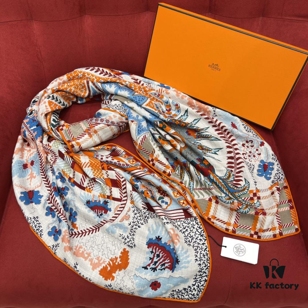 Hermes 100% Silk Cashmere Paisley Floral Scarf, 140x140cm