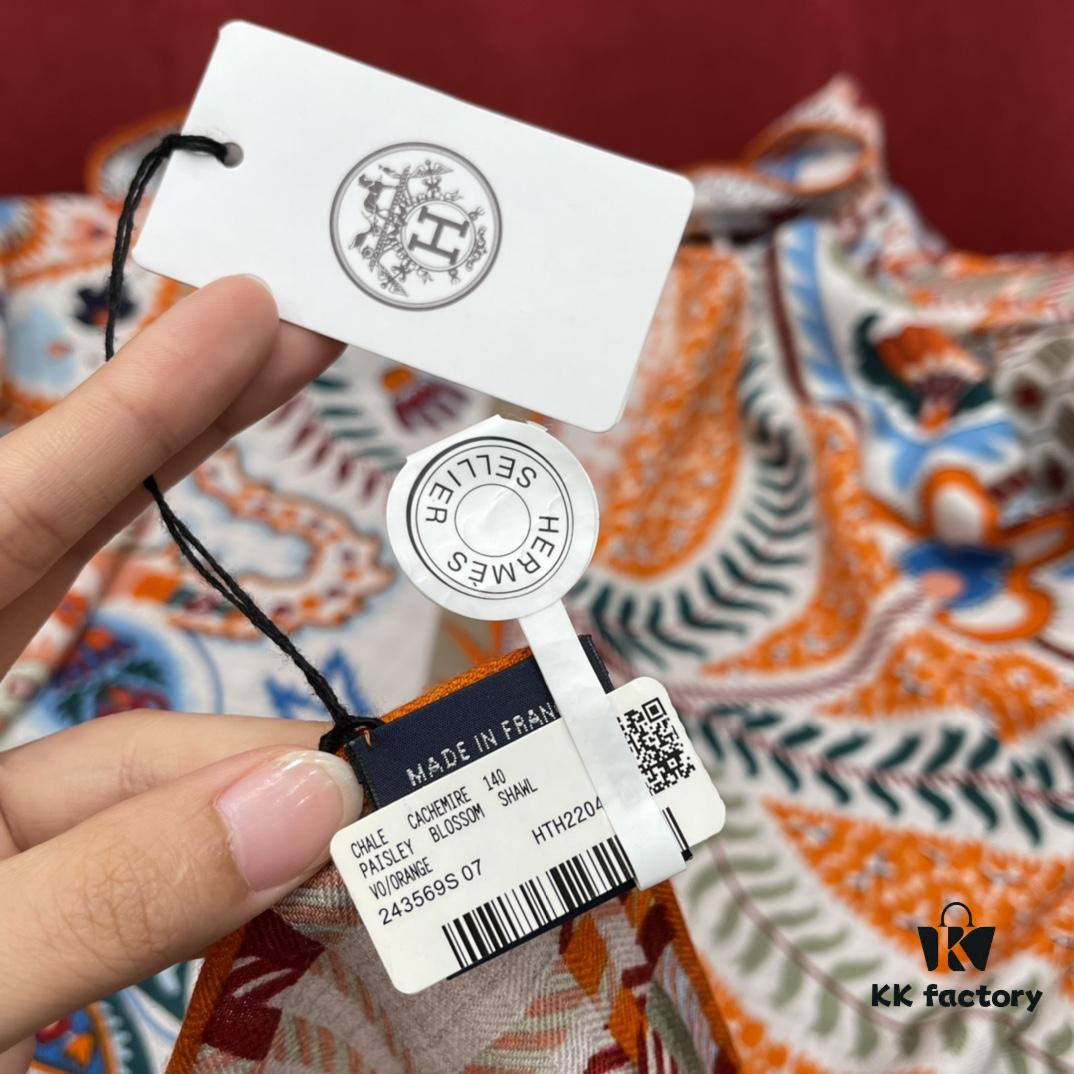 Hermes 100% Silk Cashmere Paisley Floral Scarf, 140x140cm