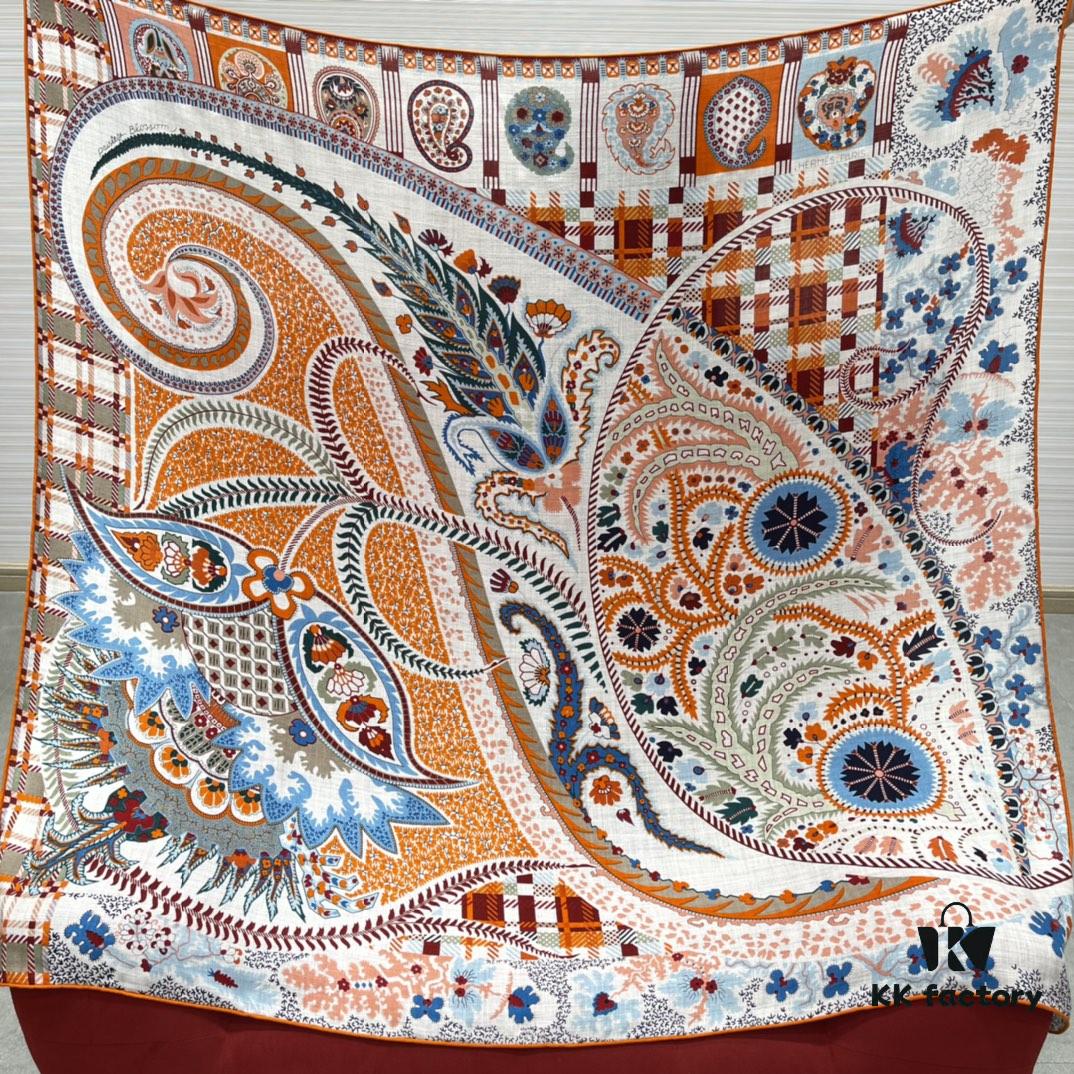 Hermes 100% Silk Cashmere Paisley Floral Scarf, 140x140cm