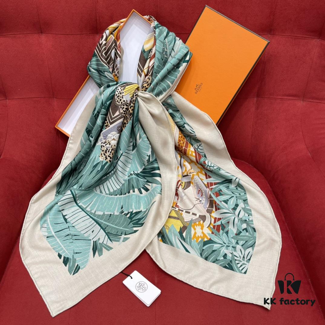 Hermes Shawl with Twelve Leopard Motif, 70% Cashmere and 30% Mulberry Silk, Popular 140x140 Size