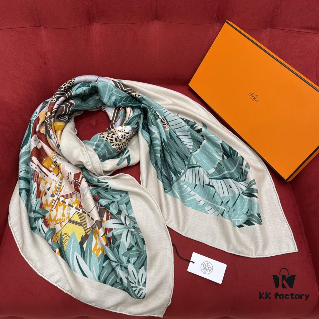 Hermes Shawl with Twelve Leopard Motif, 70% Cashmere and 30% Mulberry Silk, Popular 140x140 Size