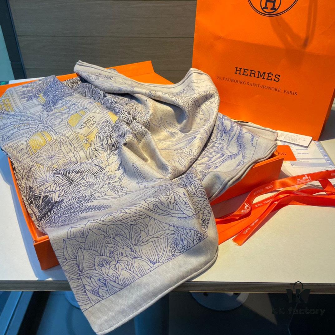 Hermes Rare Garden Sketch Collection Scarf - Exquisite Silk Cashmere Blend, 140x140cm