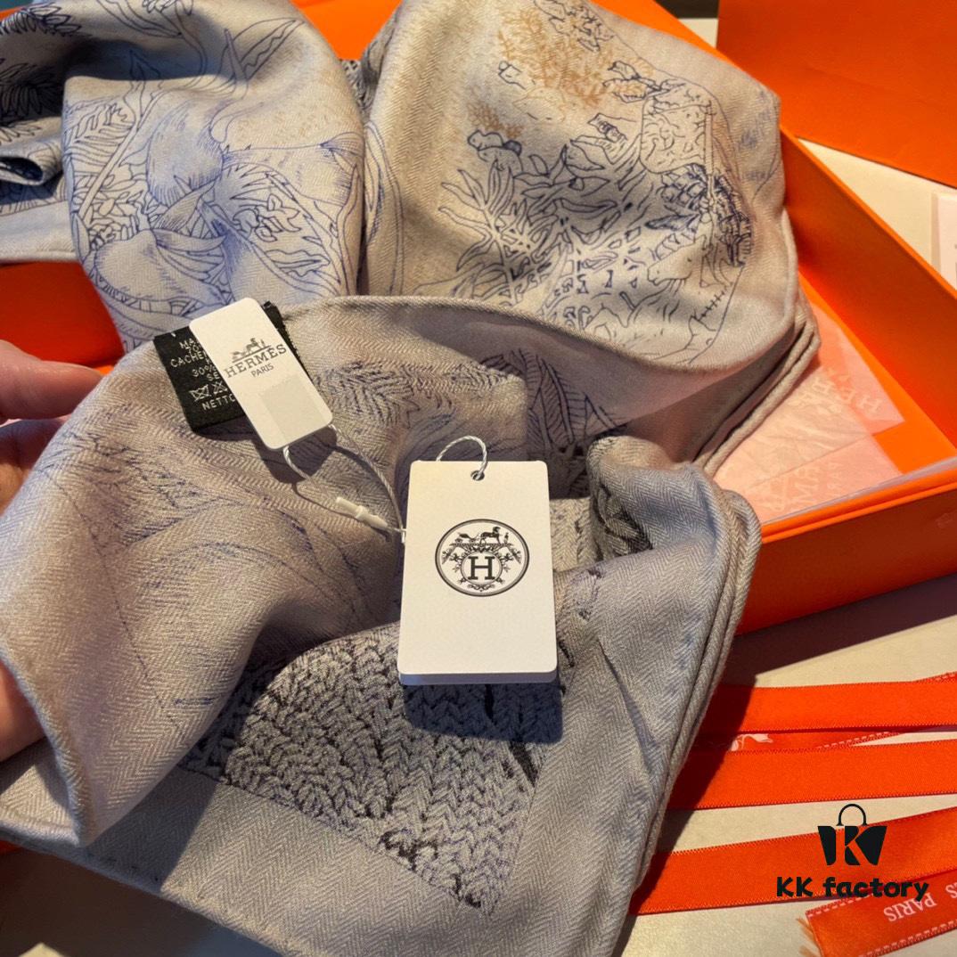 Hermes Rare Garden Sketch Collection Scarf - Exquisite Silk Cashmere Blend, 140x140cm