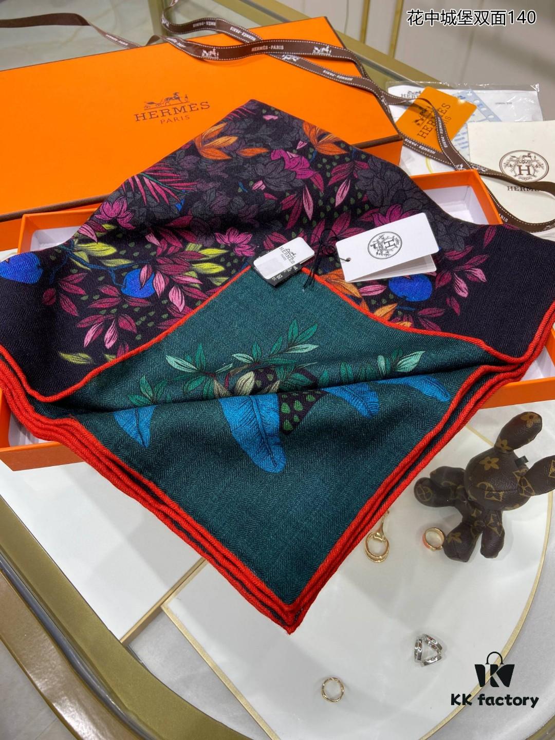 New Cashmere Scarf 🆕🏇🏇 Gorgeous Design Loved by All! 💕【Castle in the Flower Double-Sided 140】Cashmere Square Scarf, Two-Sided Dual Color, Top-Grade Craftsmanship, Exceptional Value! Perfect Gift 🎁💟