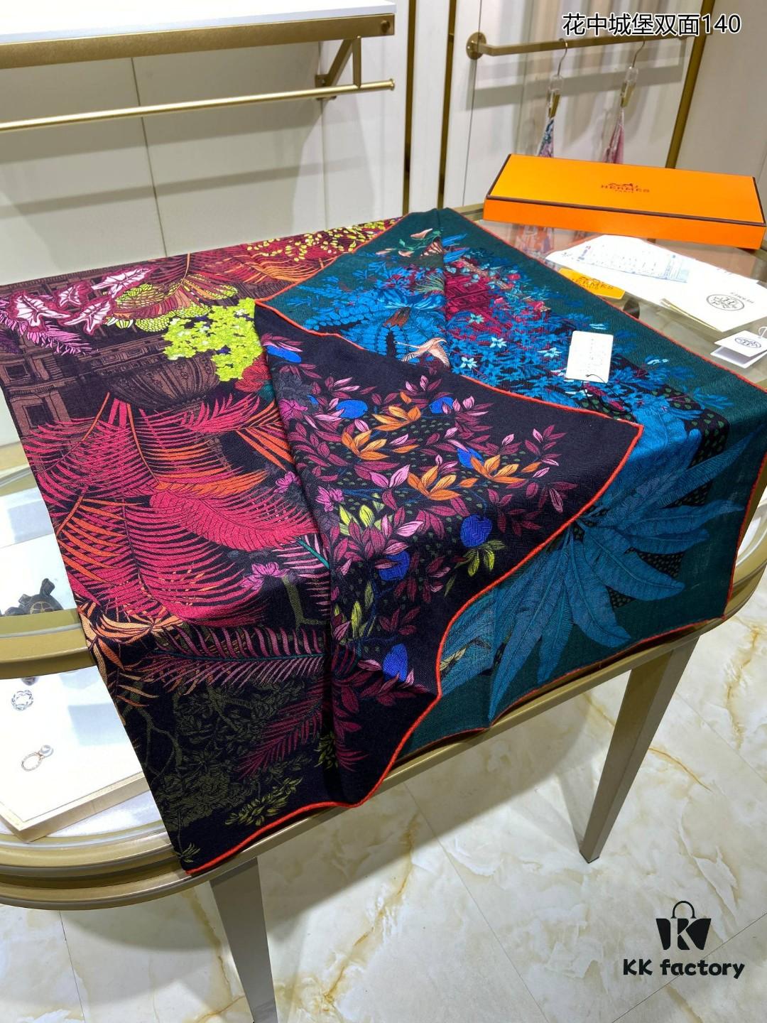 New Cashmere Scarf 🆕🏇🏇 Gorgeous Design Loved by All! 💕【Castle in the Flower Double-Sided 140】Cashmere Square Scarf, Two-Sided Dual Color, Top-Grade Craftsmanship, Exceptional Value! Perfect Gift 🎁💟