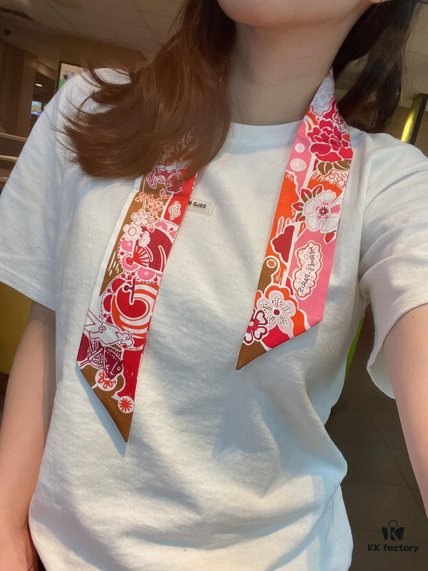 New Arrival, 'Bingata' Red Pattern Dyed Hermès Heavyweight Twill Silk Twilly Scarf, Authentic Edition, Counter Synchronized