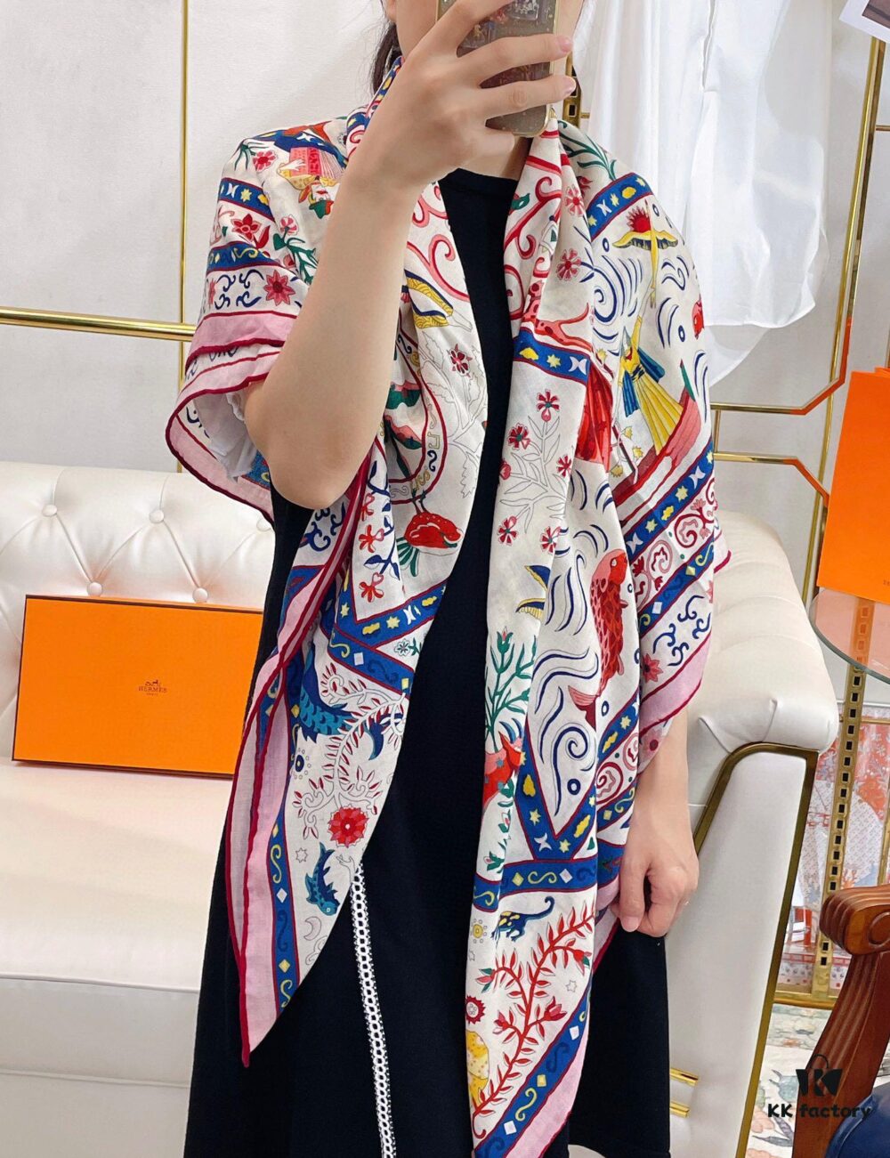 Hermes Wind People Cashmere Scarf - Top Craftsmanship, 70% Cashmere + 30% Silk, 140cm x 140cm