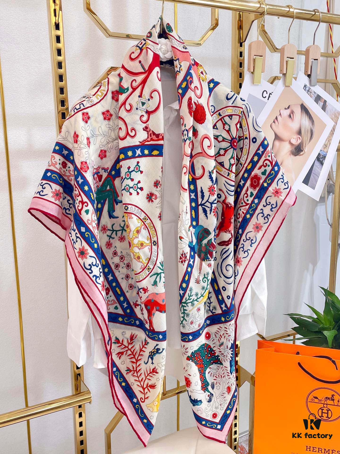 Hermes Wind People Cashmere Scarf - Top Craftsmanship, 70% Cashmere + 30% Silk, 140cm x 140cm