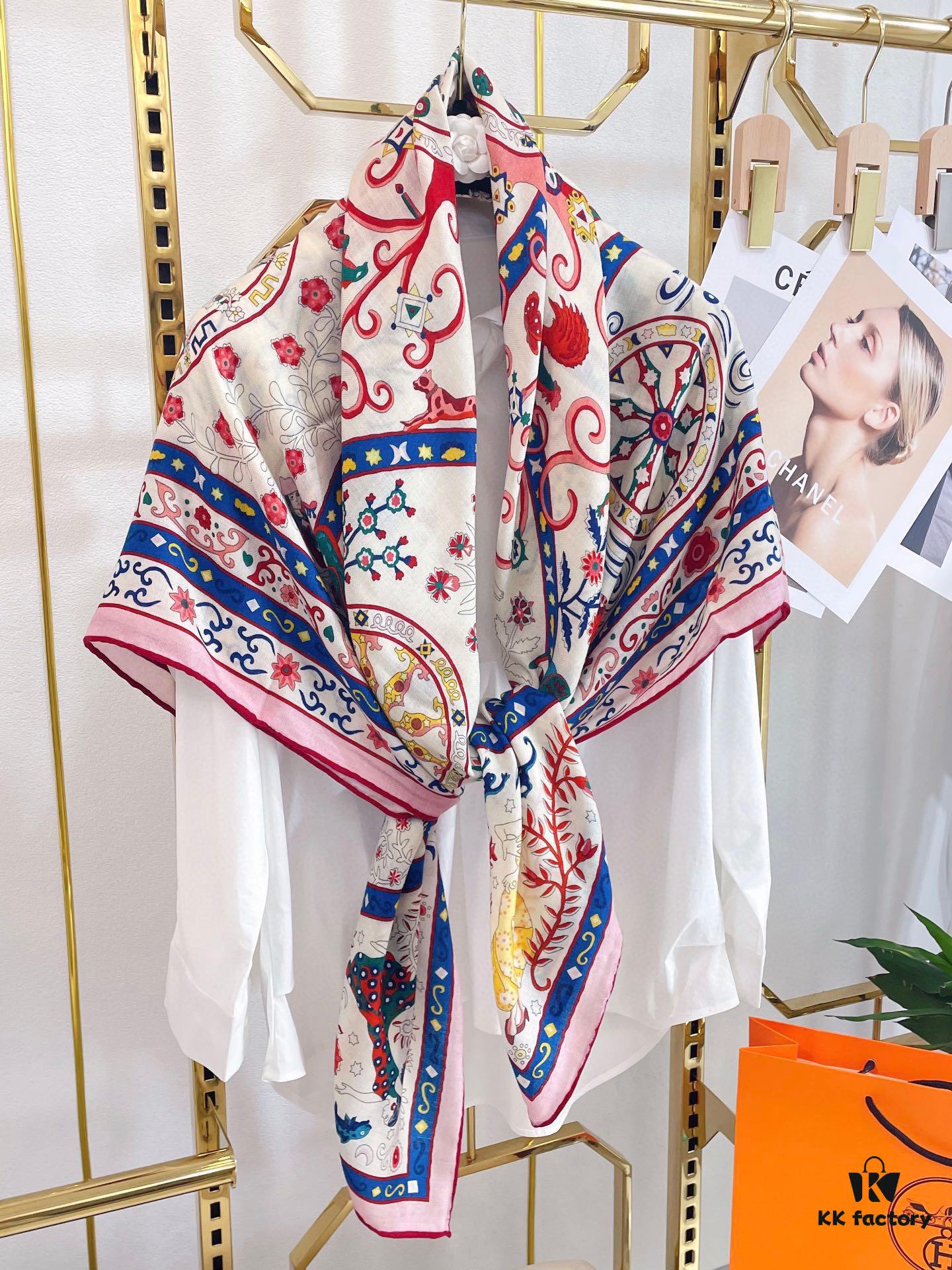 Hermes Wind People Cashmere Scarf - Top Craftsmanship, 70% Cashmere + 30% Silk, 140cm x 140cm