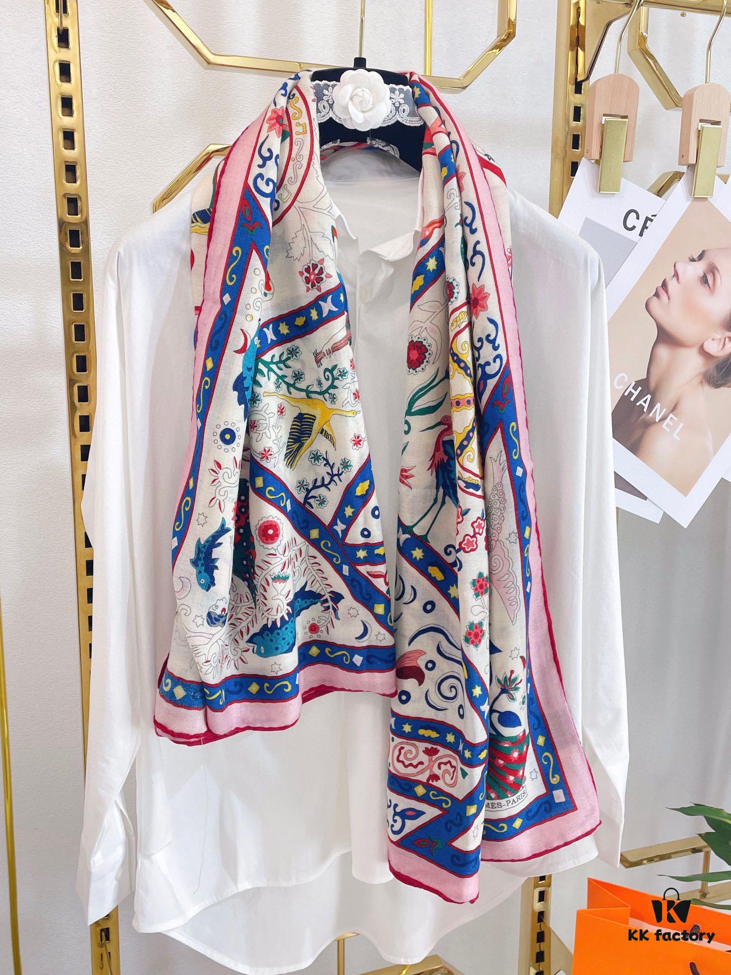 Hermes Wind People Cashmere Scarf - Top Craftsmanship, 70% Cashmere + 30% Silk, 140cm x 140cm